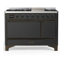 ILVE Majestic III 48-inch Dual Fuel Range with 5 Natural Gas Burner, Griddle and Solid Door Electric Oven in Graphite Matte with Burnished Trim (UM48FQNR3MGB)