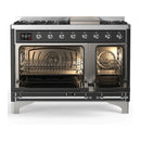 ILVE Majestic III 48-inch Dual Fuel Range with 5 Liquid Propane Burner, Griddle and Solid Door Electric Oven in Graphite Matte with Chrome Trim (UM48FQNR3MGCLP)