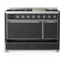 ILVE Majestic III 48-inch Dual Fuel Range with 5 Liquid Propane Burner, Griddle and Solid Door Electric Oven in Graphite Matte with Chrome Trim (UM48FQNR3MGCLP)