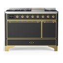 ILVE Majestic III 48-inch Dual Fuel Range with 5 Natural Gas Burner, Griddle and Solid Door Electric Oven in Graphite Matte with Brass Trim (UM48FQNR3MGG)