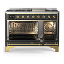 ILVE Majestic III 48-inch Dual Fuel Range with 5 Liquid Propane Burner, Griddle and Solid Door Electric Oven in Graphite Matte with Brass Trim (UM48FQNR3MGGLP)