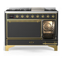 ILVE Majestic III 48-inch Dual Fuel Range with 5 Liquid Propane Burner, Griddle and Solid Door Electric Oven in Graphite Matte with Brass Trim (UM48FQNR3MGGLP)