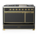 ILVE Majestic III 48-inch Dual Fuel Range with 5 Liquid Propane Burner, Griddle and Solid Door Electric Oven in Graphite Matte with Brass Trim (UM48FQNR3MGGLP)