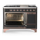 ILVE Majestic III 48-inch Dual Fuel Range with 5 Natural Gas Burner, Griddle and Solid Door Electric Oven in Graphite Matte with Copper Trim (UM48FQNR3MGP)