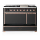 ILVE Majestic III 48-inch Dual Fuel Range with 5 Liquid Propane Burner, Griddle and Solid Door Electric Oven in Graphite Matte with Copper Trim (UM48FQNR3MGPLP)