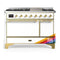 ILVE Majestic III 48-inch Dual Fuel Range with 5 Natural Gas Burner, Griddle and Solid Door Electric Oven in RAL with Brass Trim (UM48FQNR3RAG)