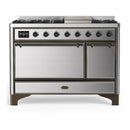 ILVE Majestic III 48-inch Dual Fuel Range with 5 Natural Gas Burner, Griddle and Solid Door Electric Oven in Stainless Steel with Burnished Trim (UM48FQNR3SSB)