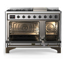 ILVE Majestic III 48-inch Dual Fuel Range with 5 Natural Gas Burner, Griddle and Solid Door Electric Oven in Stainless Steel with Burnished Trim (UM48FQNR3SSB)