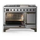 ILVE Majestic III 48-inch Dual Fuel Range with 5 Liquid Propane Burner, Griddle and Solid Door Electric Oven in Stainless Steel with Burnished Trim (UM48FQNR3SSBLP)