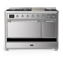 ILVE Majestic III 48-inch Dual Fuel Range with 5 Natural Gas Burner, Griddle and Solid Door Electric Oven in Stainless Steel with Chrome Trim (UM48FQNR3SSC)