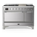 ILVE Majestic III 48-inch Dual Fuel Range with 5 Natural Gas Burner, Griddle and Solid Door Electric Oven in Stainless Steel with Chrome Trim (UM48FQNR3SSC)