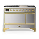 ILVE Majestic III 48-inch Dual Fuel Range with 5 Liquid Propane Burner, Griddle and Solid Door Electric Oven in Stainless Steel with Brass Trim (UM48FQNR3SSGLP)