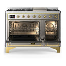 ILVE Majestic III 48-inch Dual Fuel Range with 5 Natural Gas Burner, Griddle and Solid Door Electric Oven in Stainless Steel with Brass Trim (UM48FQNR3SSG)
