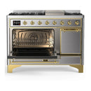 ILVE Majestic III 48-inch Dual Fuel Range with 5 Natural Gas Burner, Griddle and Solid Door Electric Oven in Stainless Steel with Brass Trim (UM48FQNR3SSG)