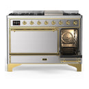 ILVE Majestic III 48-inch Dual Fuel Range with 5 Liquid Propane Burner, Griddle and Solid Door Electric Oven in Stainless Steel with Brass Trim (UM48FQNR3SSGLP)