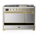 ILVE Majestic III 48-inch Dual Fuel Range with 5 Natural Gas Burner, Griddle and Solid Door Electric Oven in Stainless Steel with Brass Trim (UM48FQNR3SSG)