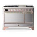 ILVE Majestic III 48-inch Dual Fuel Range with 5 Natural Gas Burner, Griddle and Solid Door Electric Oven in Stainless Steel with Copper Trim (UM48FQNR3SSP)