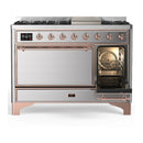 ILVE Majestic III 48-inch Dual Fuel Range with 5 Natural Gas Burner, Griddle and Solid Door Electric Oven in Stainless Steel with Copper Trim (UM48FQNR3SSP)