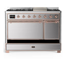 ILVE Majestic III 48-inch Dual Fuel Range with 5 Liquid Propane Burner, Griddle and Solid Door Electric Oven in Stainless Steel with Copper Trim (UM48FQNR3SSPLP)