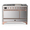 ILVE Majestic III 48-inch Dual Fuel Range with 5 Natural Gas Burner, Griddle and Solid Door Electric Oven in Stainless Steel with Copper Trim (UM48FQNR3SSP)