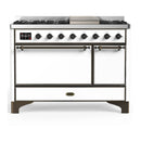 ILVE Majestic III 48-inch Dual Fuel Range with 5 Natural Gas Burner, Griddle and Solid Door Electric Oven in White with Burnished Trim (UM48FQNR3WHB)