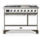 ILVE Majestic III 48-inch Dual Fuel Range with 5 Natural Gas Burner, Griddle and Solid Door Electric Oven in White with Burnished Trim (UM48FQNR3WHB)
