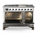 ILVE Majestic III 48-inch Dual Fuel Range with 5 Liquid Propane Burner, Griddle and Solid Door Electric Oven in White with Burnished Trim (UM48FQNR3WHBLP)