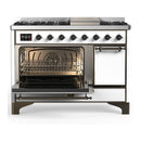 ILVE Majestic III 48-inch Dual Fuel Range with 5 Liquid Propane Burner, Griddle and Solid Door Electric Oven in White with Burnished Trim (UM48FQNR3WHBLP)