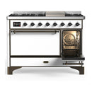ILVE Majestic III 48-inch Dual Fuel Range with 5 Liquid Propane Burner, Griddle and Solid Door Electric Oven in White with Burnished Trim (UM48FQNR3WHBLP)