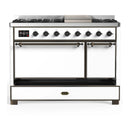 ILVE Majestic III 48-inch Dual Fuel Range with 5 Natural Gas Burner, Griddle and Solid Door Electric Oven in White with Burnished Trim (UM48FQNR3WHB)
