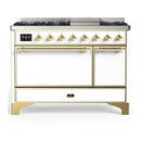ILVE Majestic III 48-inch Dual Fuel Range with 5 Natural Gas Burner, Griddle and Solid Door Electric Oven in White with Brass Trim (UM48FQNR3WHG)