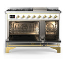 ILVE Majestic III 48-inch Dual Fuel Range with 5 Natural Gas Burner, Griddle and Solid Door Electric Oven in White with Brass Trim (UM48FQNR3WHG)