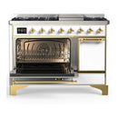 ILVE Majestic III 48-inch Dual Fuel Range with 5 Liquid Propane Burner, Griddle and Solid Door Electric Oven in White with Brass Trim (UM48FQNR3WHGLP)