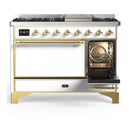 ILVE Majestic III 48-inch Dual Fuel Range with 5 Liquid Propane Burner, Griddle and Solid Door Electric Oven in White with Brass Trim (UM48FQNR3WHGLP)