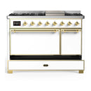 ILVE Majestic III 48-inch Dual Fuel Range with 5 Natural Gas Burner, Griddle and Solid Door Electric Oven in White with Brass Trim (UM48FQNR3WHG)
