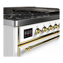 ILVE Majestic III 48-inch Dual Fuel Range with 5 Natural Gas Burner, Griddle and Solid Door Electric Oven in White with Brass Trim (UM48FQNR3WHG)