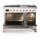 ILVE Majestic III 48-inch Dual Fuel Range with 5 Natural Gas Burner, Griddle and Solid Door Electric Oven in White with Copper Trim (UM48FQNR3WHP)