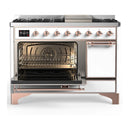 ILVE Majestic III 48-inch Dual Fuel Range with 5 Natural Gas Burner, Griddle and Solid Door Electric Oven in White with Copper Trim (UM48FQNR3WHP)