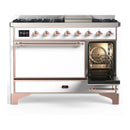 ILVE Majestic III 48-inch Dual Fuel Range with 5 Natural Gas Burner, Griddle and Solid Door Electric Oven in White with Copper Trim (UM48FQNR3WHP)