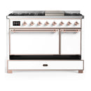 ILVE Majestic III 48-inch Dual Fuel Range with 5 Natural Gas Burner, Griddle and Solid Door Electric Oven in White with Copper Trim (UM48FQNR3WHP)