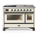 ILVE Majestic III 48-inch Dual Fuel Range with 5 Natural Gas Burner, Griddle, French Top and Triple Glass Door Electric Oven in Antique White with Burnished Trim (UM48FSNR3AWB)