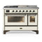 ILVE Majestic III 48-inch Dual Fuel Range with 5 Natural Gas Burner, Griddle, French Top and Triple Glass Door Electric Oven in Antique White with Burnished Trim (UM48FSNR3AWB)