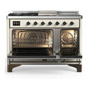 ILVE Majestic III 48-inch Dual Fuel Range with 5 Natural Gas Burner, Griddle, French Top and Triple Glass Door Electric Oven in Antique White with Burnished Trim (UM48FSNR3AWB)