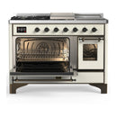 ILVE Majestic III 48-inch Dual Fuel Range with 5 Natural Gas Burner, Griddle, French Top and Triple Glass Door Electric Oven in Antique White with Burnished Trim (UM48FSNR3AWB)