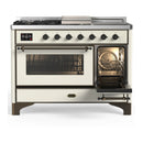 ILVE Majestic III 48-inch Dual Fuel Range with 5 Natural Gas Burner, Griddle, French Top and Triple Glass Door Electric Oven in Antique White with Burnished Trim (UM48FSNR3AWB)