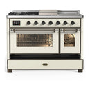 ILVE Majestic III 48-inch Dual Fuel Range with 5 Natural Gas Burner, Griddle, French Top and Triple Glass Door Electric Oven in Antique White with Burnished Trim (UM48FSNR3AWB)