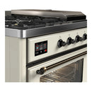 ILVE Majestic III 48-inch Dual Fuel Range with 5 Natural Gas Burner, Griddle, French Top and Triple Glass Door Electric Oven in Antique White with Burnished Trim (UM48FSNR3AWB)