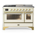 ILVE Majestic III 48-inch Dual Fuel Range with 5 Natural Gas Burner, Griddle, French Top and Triple Glass Door Electric Oven in Antique White with Brass Trim (UM48FSNR3AWG)