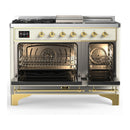 ILVE Majestic III 48-inch Dual Fuel Range with 5 Natural Gas Burner, Griddle, French Top and Triple Glass Door Electric Oven in Antique White with Brass Trim (UM48FSNR3AWG)