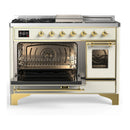 ILVE Majestic III 48-inch Dual Fuel Range with 5 Natural Gas Burner, Griddle, French Top and Triple Glass Door Electric Oven in Antique White with Brass Trim (UM48FSNR3AWG)